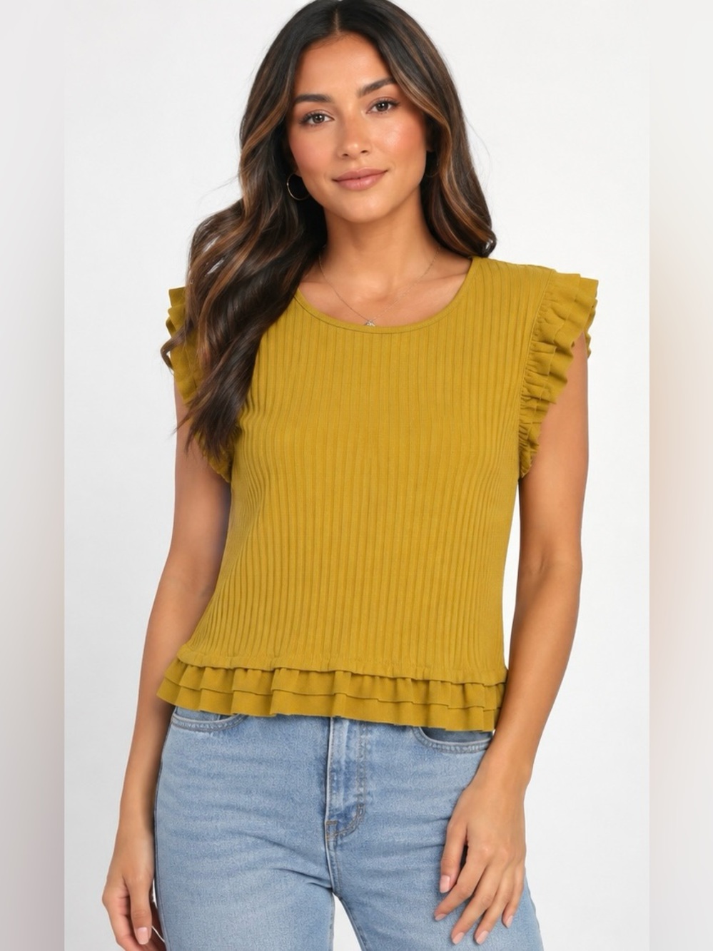 Marc New York Andrew Marc Amber Green Ribbed Ruffle Top M NWT